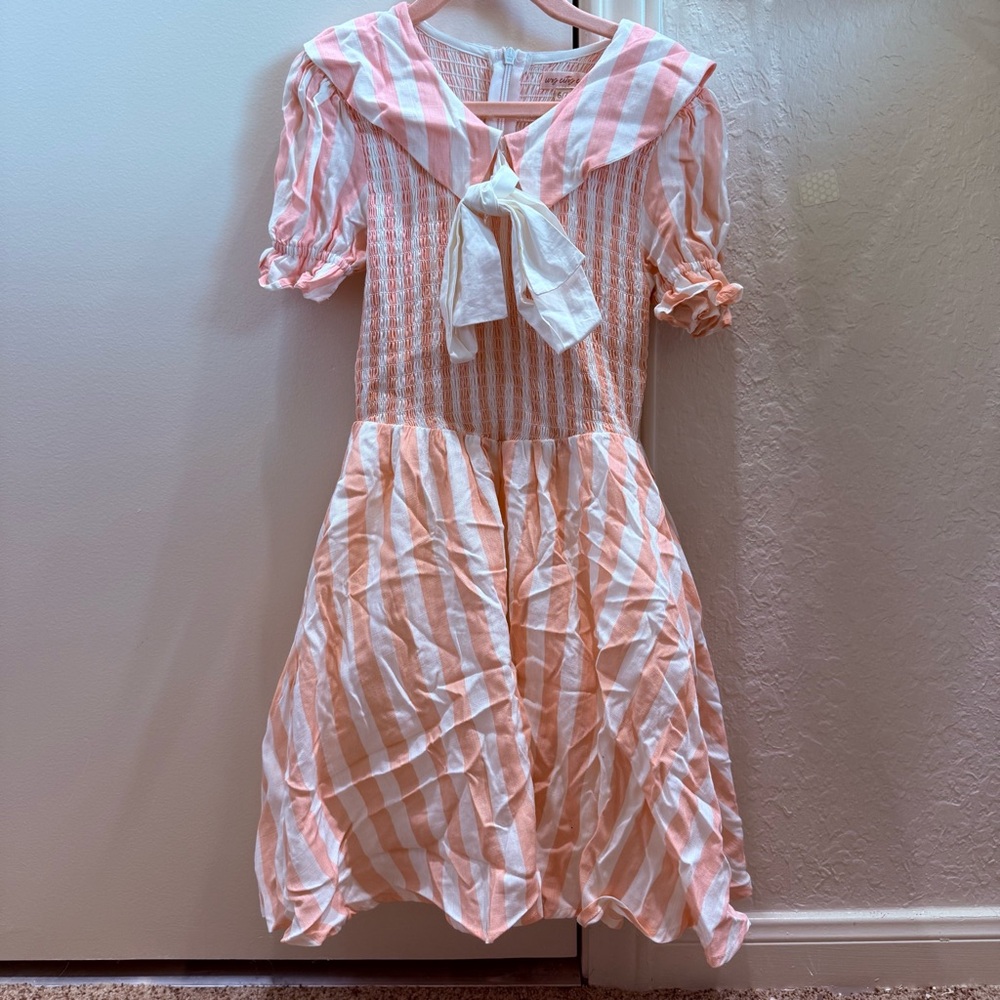 Ivy City Co Mini Alice Pink and White Striped Dress with Bow